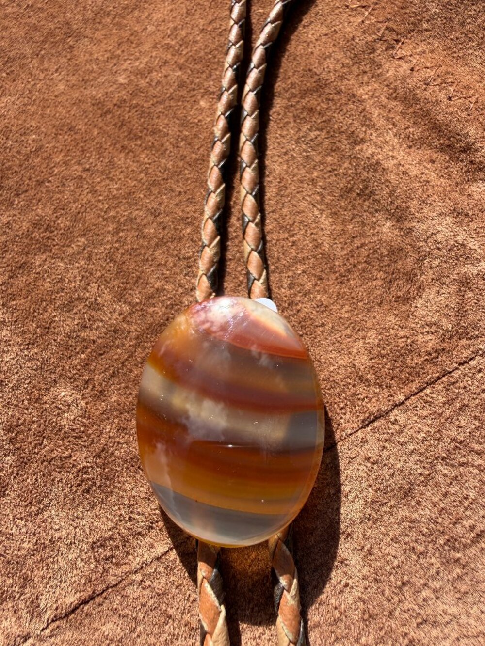 Western Bolo Tie Amber Orange Tiger eye Banded Oval Stone Brown Braided Cord
